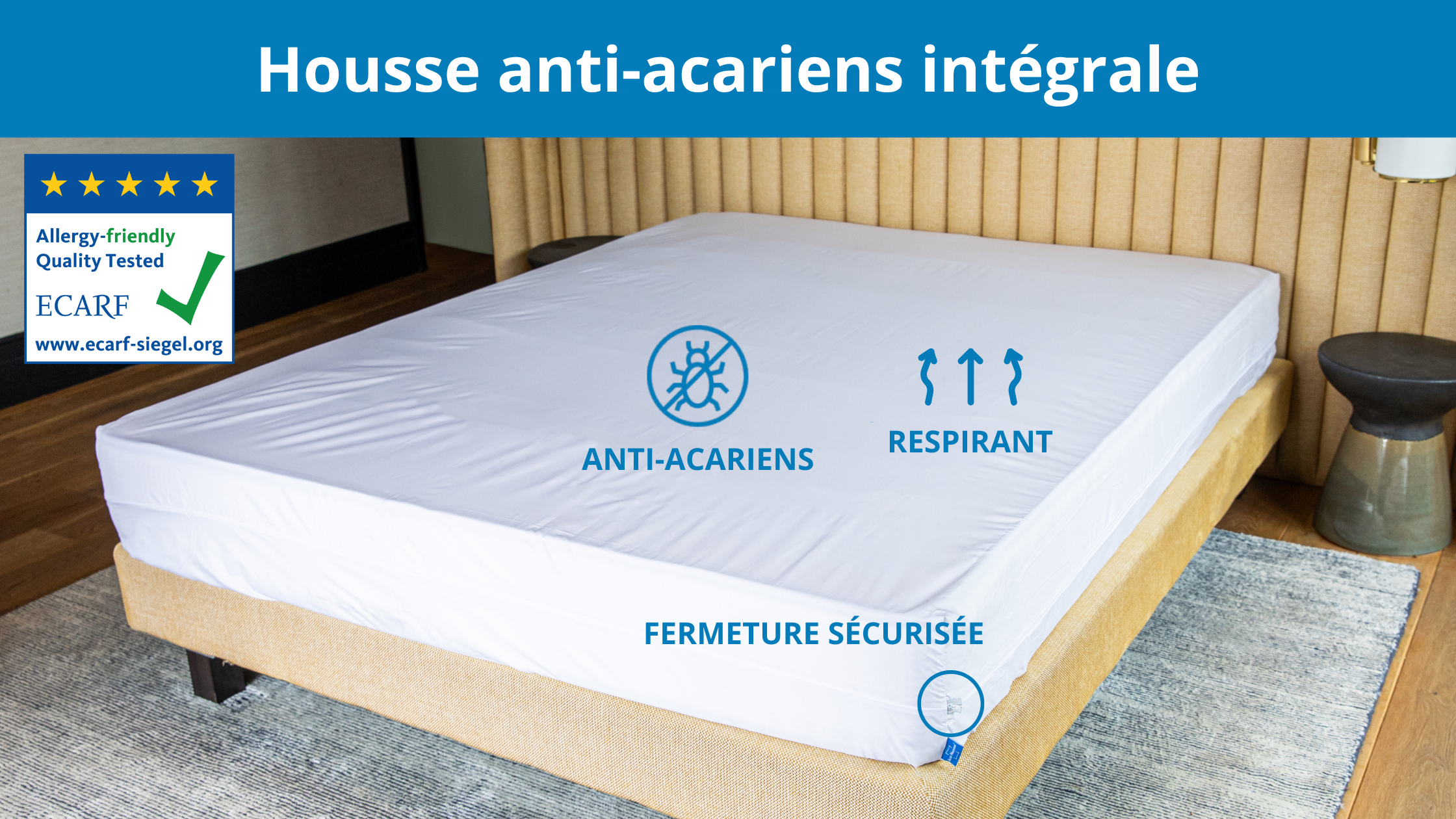 housse anti acariens certifiée ECARF et ISO 21326, fermeture sécurisée, respirant, et hermétique aux allergènes.