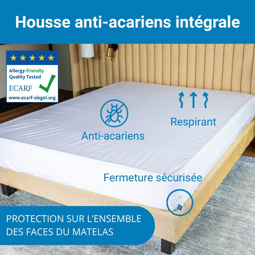 Housse matelas intégrale anti-acariens validée ECARF, respirant.