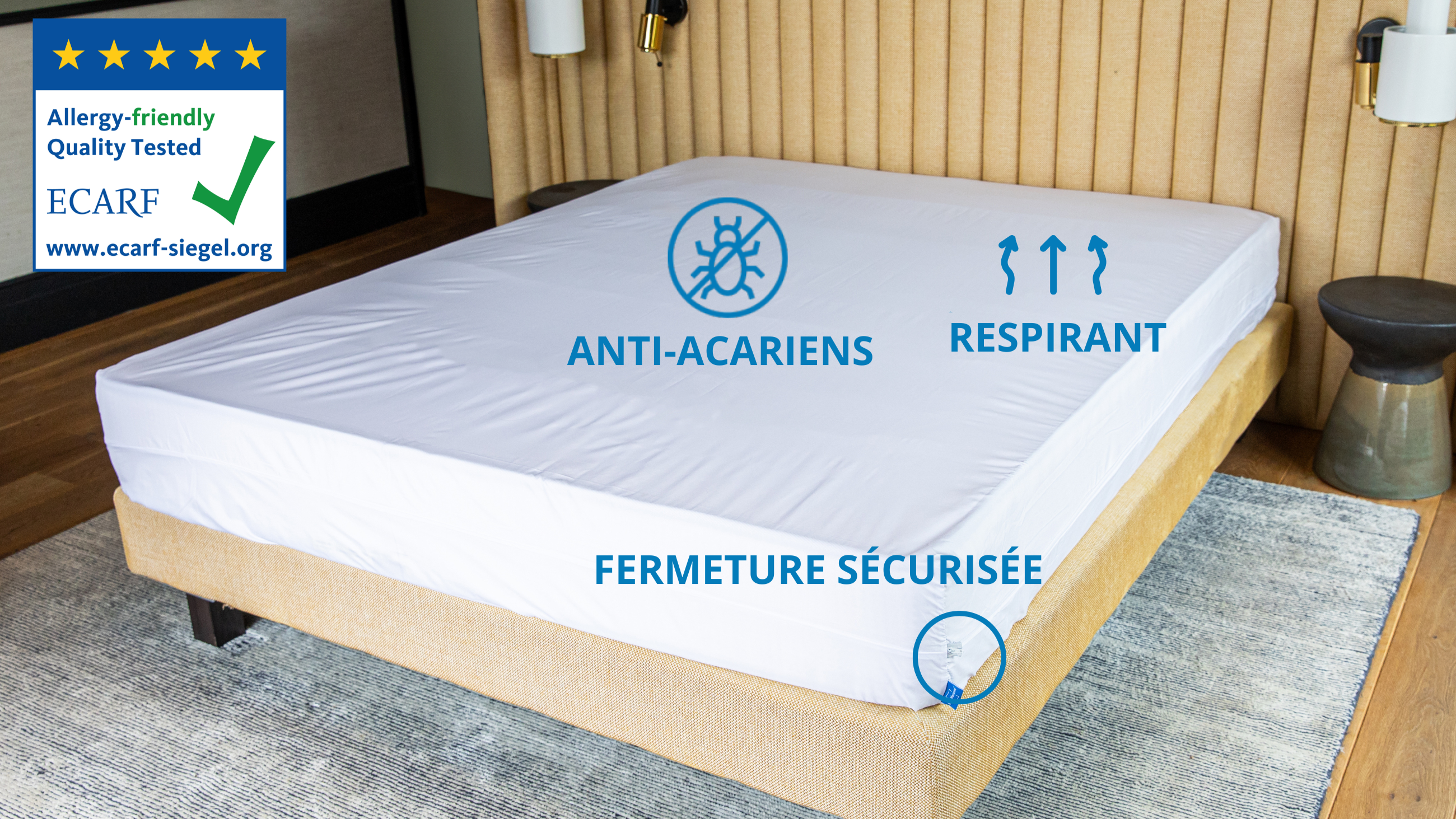housse anti acariens certifiée ECARF et ISO 21326, fermeture sécurisée, respirant, et hermétique aux allergènes.