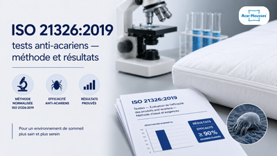 Illustration scientifique ISO 21326:2019 sur les tests anti-acariens avec microscope, housse de literie et résultats d’efficacité.
