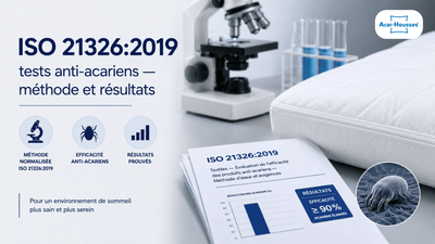 Illustration scientifique ISO 21326:2019 sur les tests anti-acariens avec microscope, housse de literie et résultats d’efficacité.