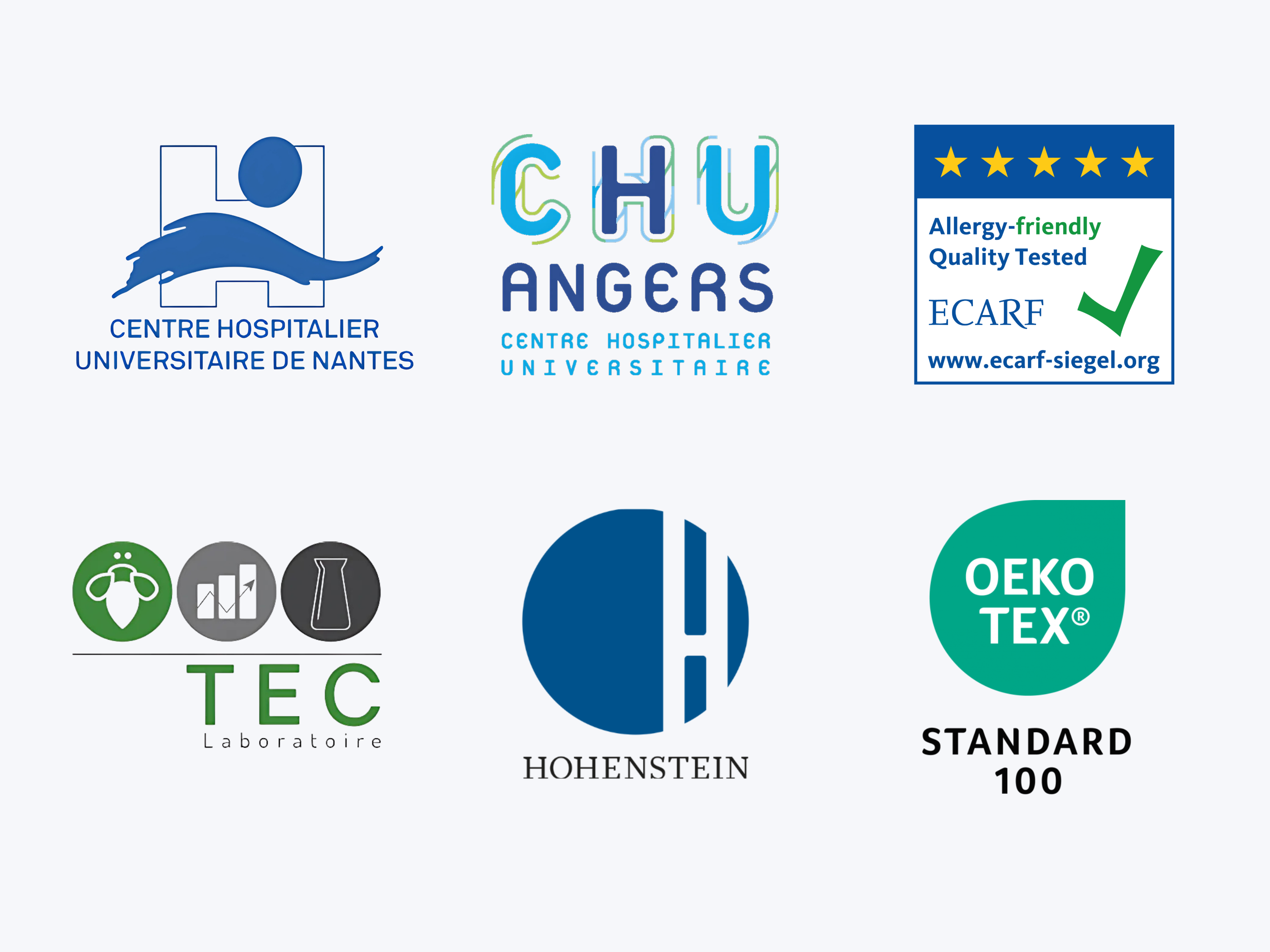 Housses anti acariens certifiées avec le logo ecar, oeko-tex, hohenstein, bureau veritas, tec laboratoire, CHU de nantes, CHU d'Angers.