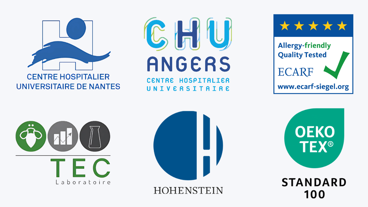 Logo de certification pour housse anti-acariens. Logo CHU de Nantes, CHU d'Angers, ECARF, Tec Laboratoire, Hohenstein, Oeko-Tex standard 100.