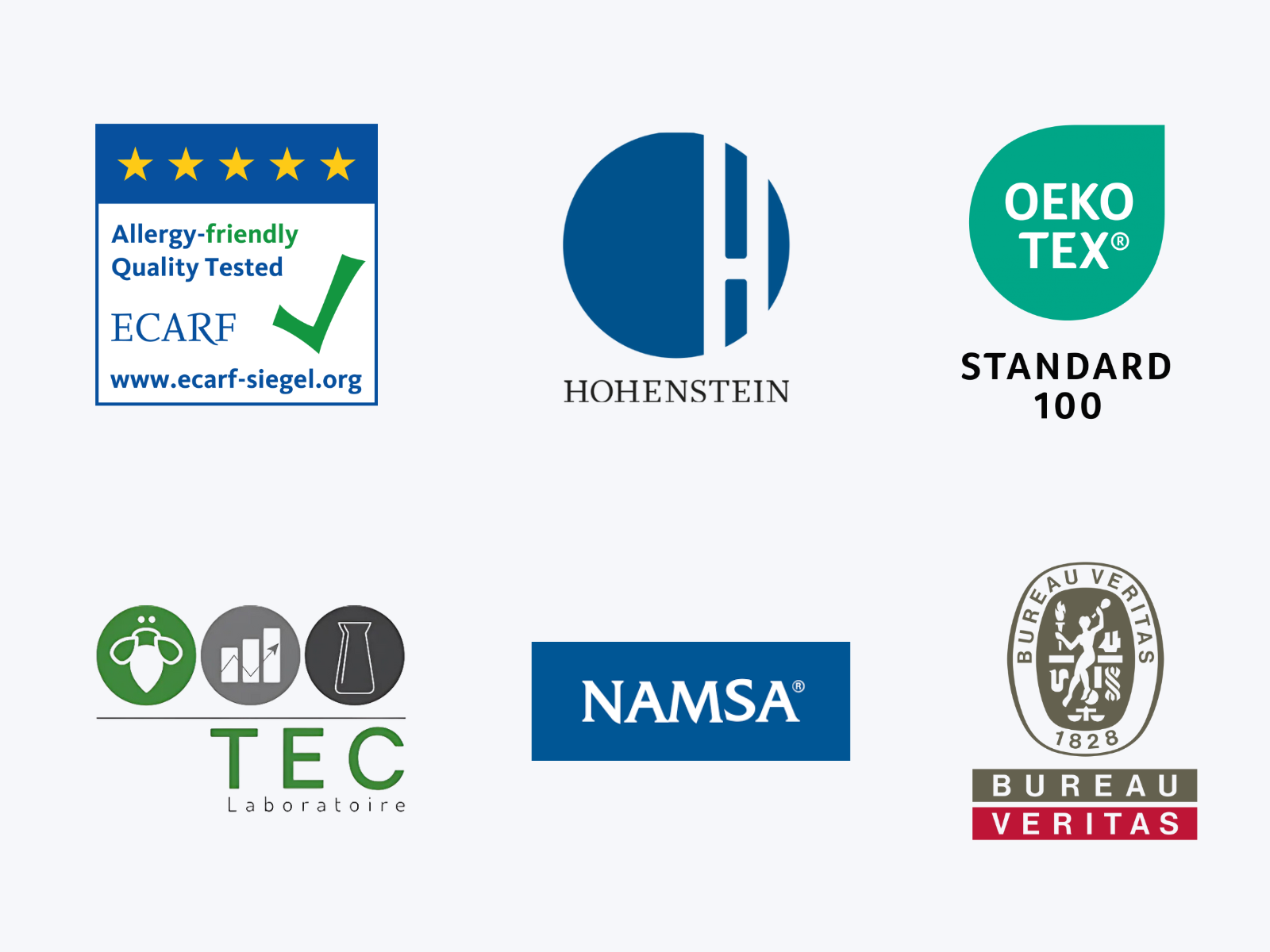 housses anti acariens certifiées avec le logo ecar, oeko-tex, hohenstein, bureau veritas, tec laboratoire, CHU de nantes, CHU d'Angers.