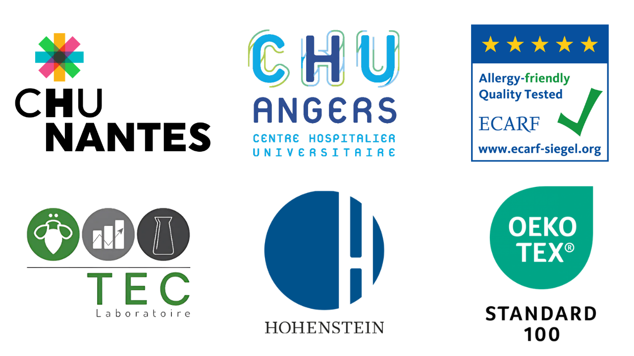 Logos des institutions et certifications garantissant la fiabilité des housses anti-acariens Acar-Housses® : CHU de Nantes, CHU d’Angers, label ECARF, OEKO-TEX Standard 100, Laboratoire TEC et institut Hohenstein.