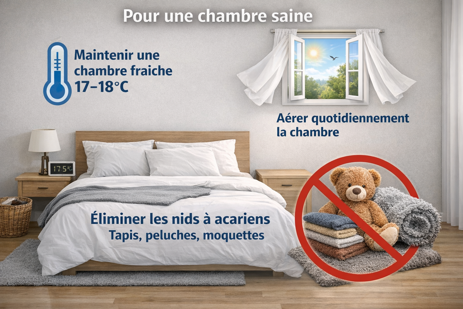 Chambre à coucher lumineuse et épurée avec fenêtre ouverte, indiquant les bonnes pratiques pour limiter les acariens : maintenir une température de 17–18 °C, aérer quotidiennement et éviter tapis, moquettes et peluches.