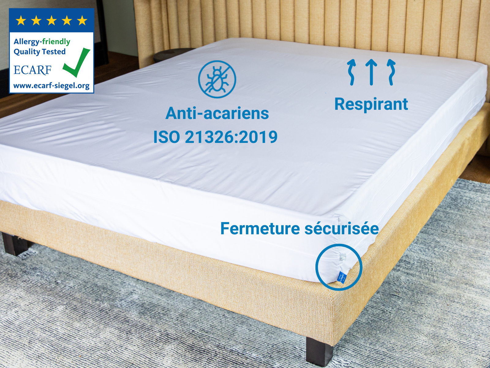 housse anti acariens certifiée ECARF et ISO 21326, fermeture sécurisée, respirant, et hermétique aux allergènes.