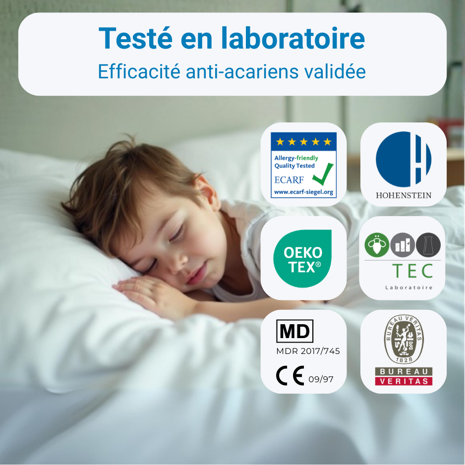 Housse anti-acariens testée en laboratoire avec efficacité validée, illustrée par un enfant dormant paisiblement et accompagnée de certifications ECARF, Hohenstein, OEKO-TEX, TEC, dispositif médical MDR et Bureau Veritas.
