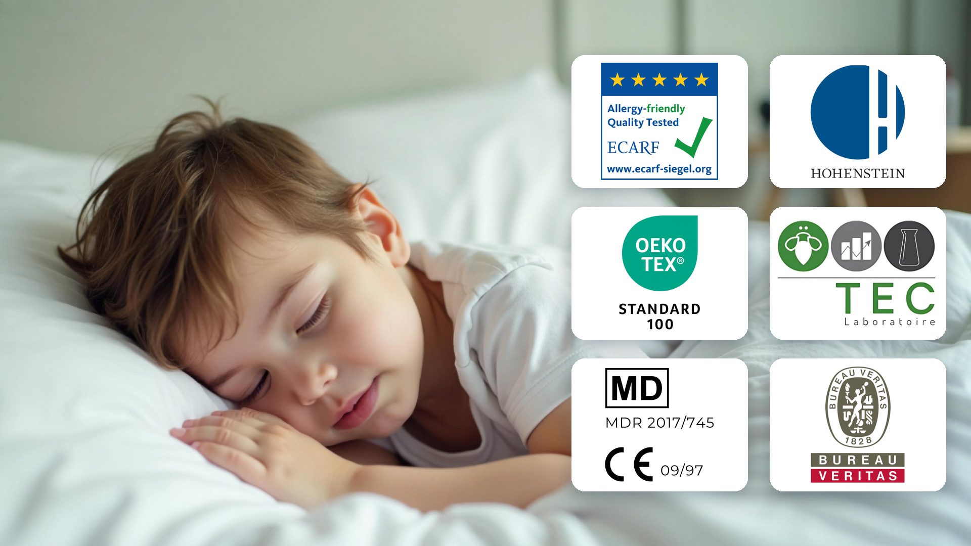 Enfant dormant paisiblement sur une literie anti-acariens certifiée ECARF, OEKO-TEX, Hohenstein et dispositif médical CE