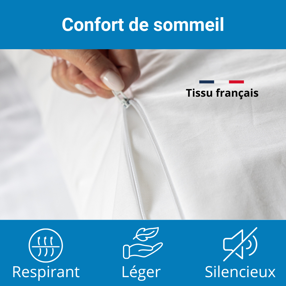 Housse anti-acariens confortable, respirante, légère et silencieuse, tissu français