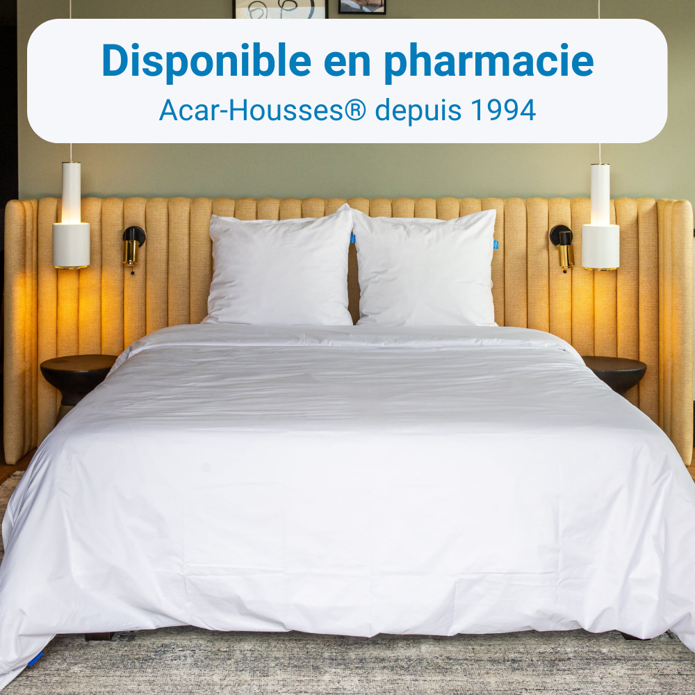 Couette protégée par une housse anti-acariens Acar-Housses®, disponible en pharmacie depuis 1994
