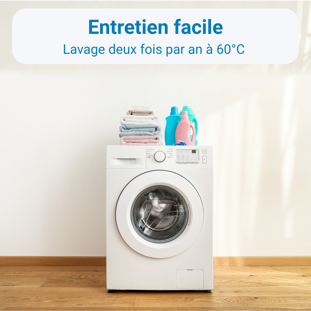 Entretien facile de la housse anti-acariens Acar-Housses® avec lavage deux fois par an à 60°C
