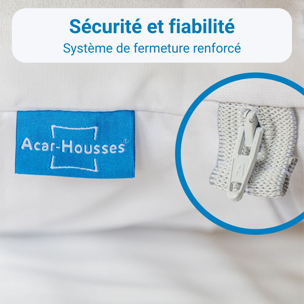 Détail de la fermeture renforcée d’une housse anti-acariens Acar-Housses® assurant sécurité et fiabilité