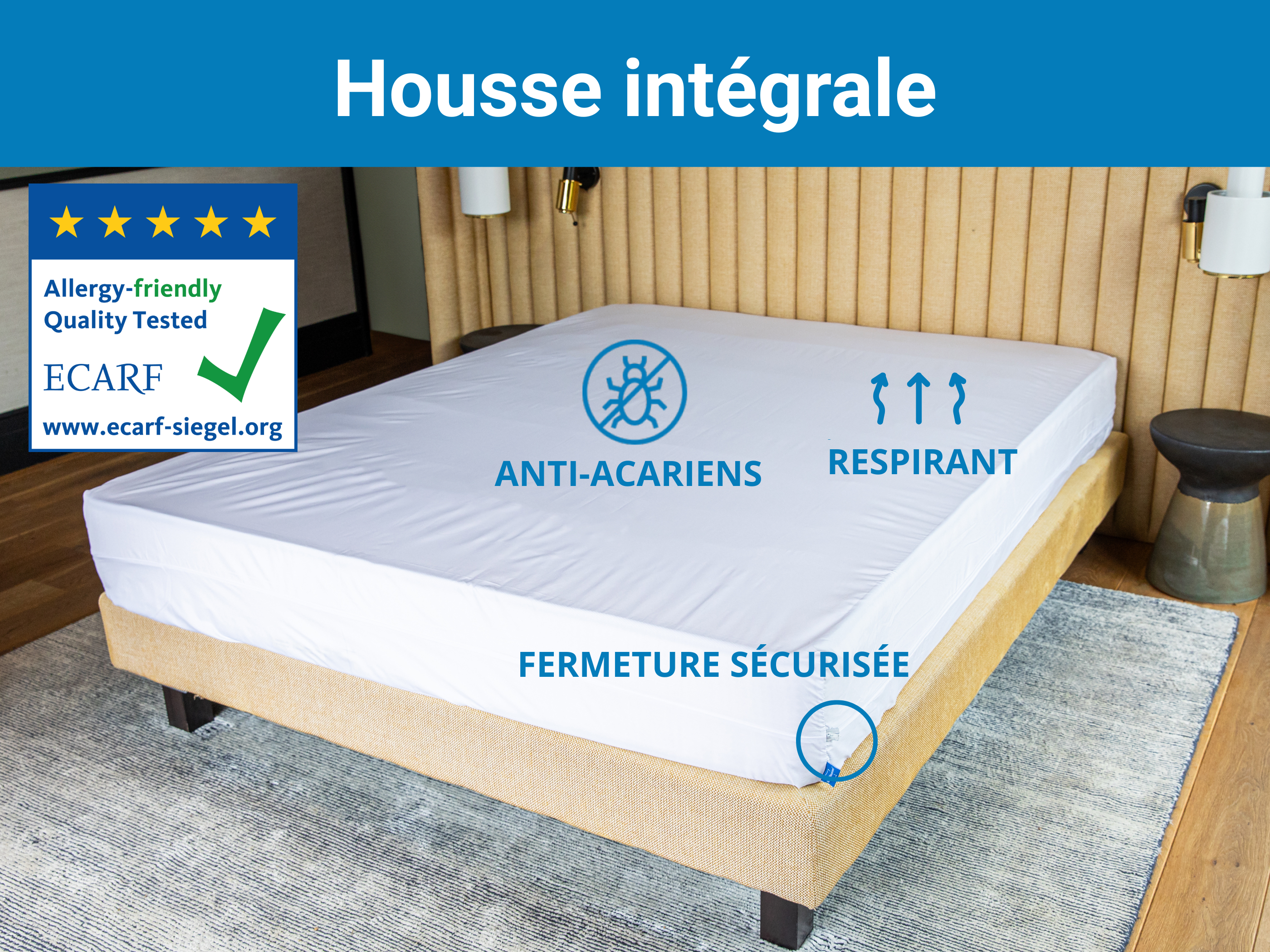housse anti acariens intégrale certifiée ECARF et ISO 21326, fermeture sécurisée, respirant, et hermétique aux allergènes.