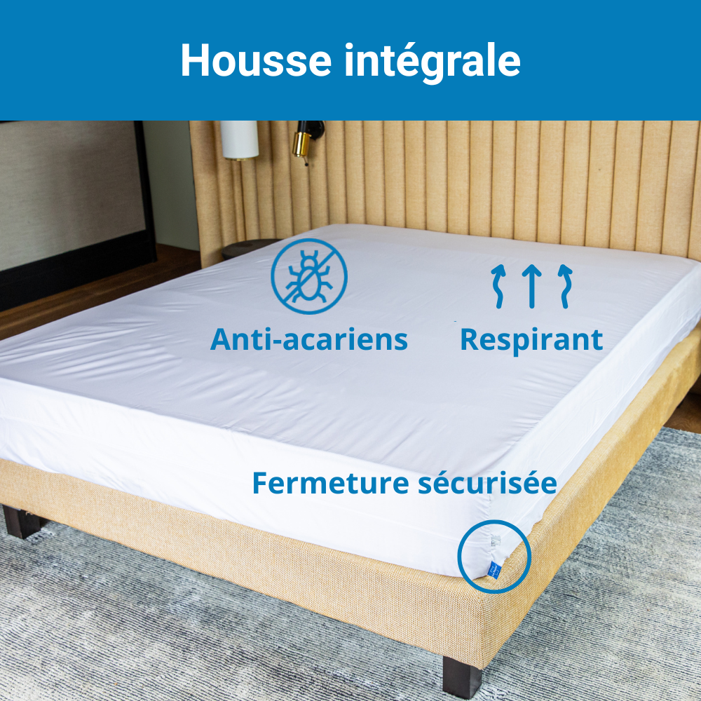 Housse intégrale de matelas Acar-Housses® avec fermeture sécurisée, protection anti-acariens et tissu respirant couvrant toutes les faces du matelas.
