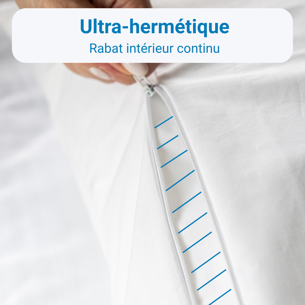 Détail du rabat intérieur continu d’une housse anti-acariens Acar-Housses® assurant une protection ultra-hermétique