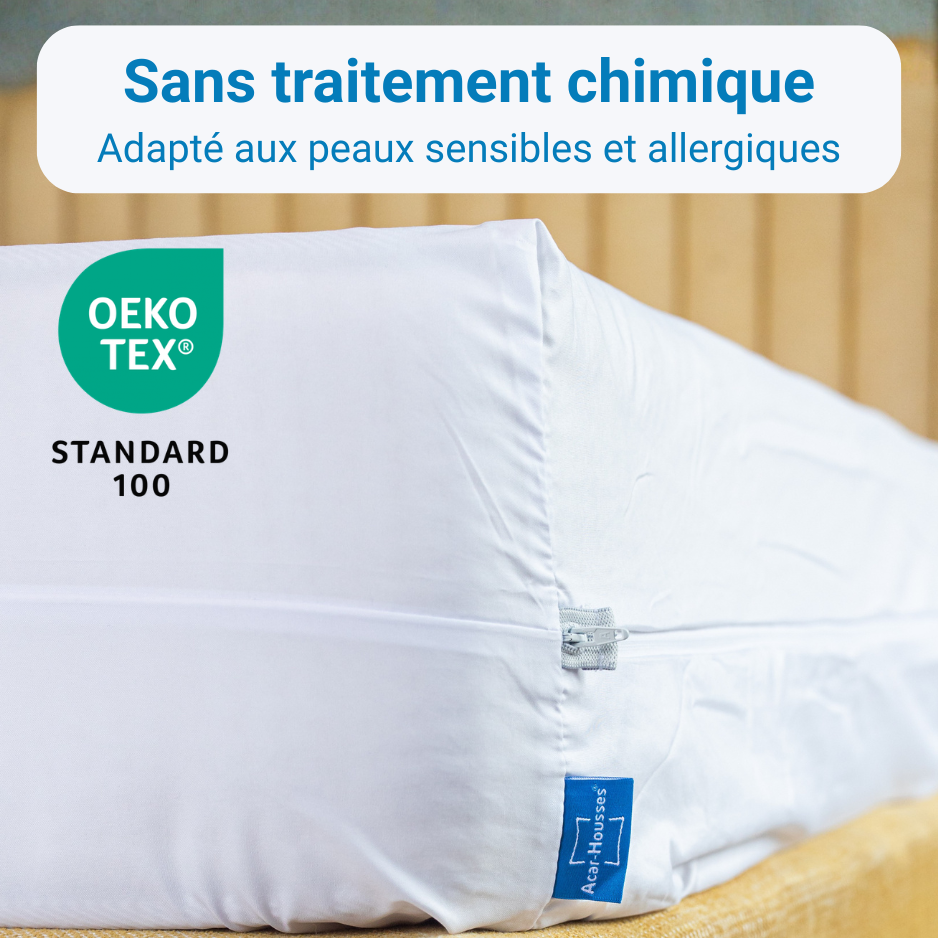 Housse anti-acariens Acar-Housses® sans traitement chimique, adaptée aux peaux sensibles et allergiques, certifiée OEKO-TEX® STANDARD 100.