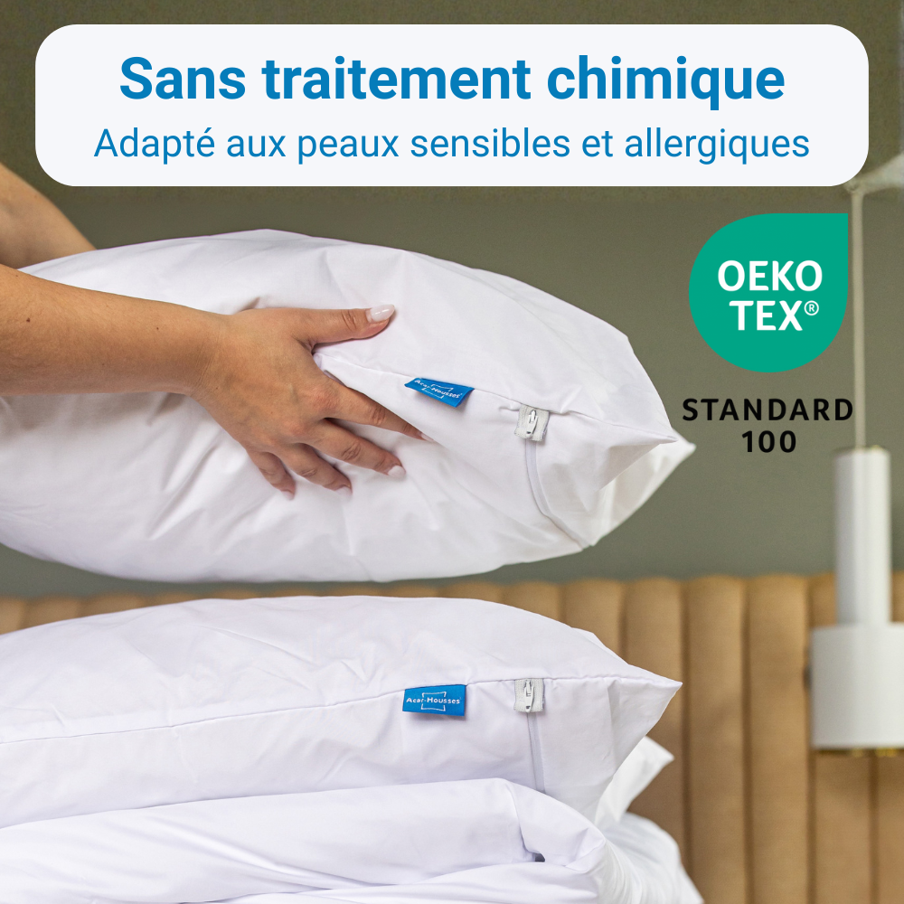 Housse anti-acariens Acar-Housses® sans traitement chimique, adaptée aux peaux sensibles et allergiques, certifiée OEKO-TEX® STANDARD 100.