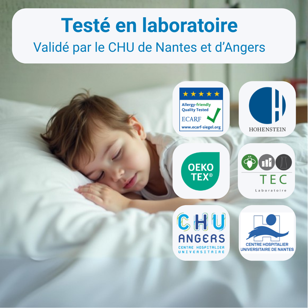 Housse anti-acariens Acar-Housses® testée en laboratoire et validée par le CHU de Nantes et d’Angers.