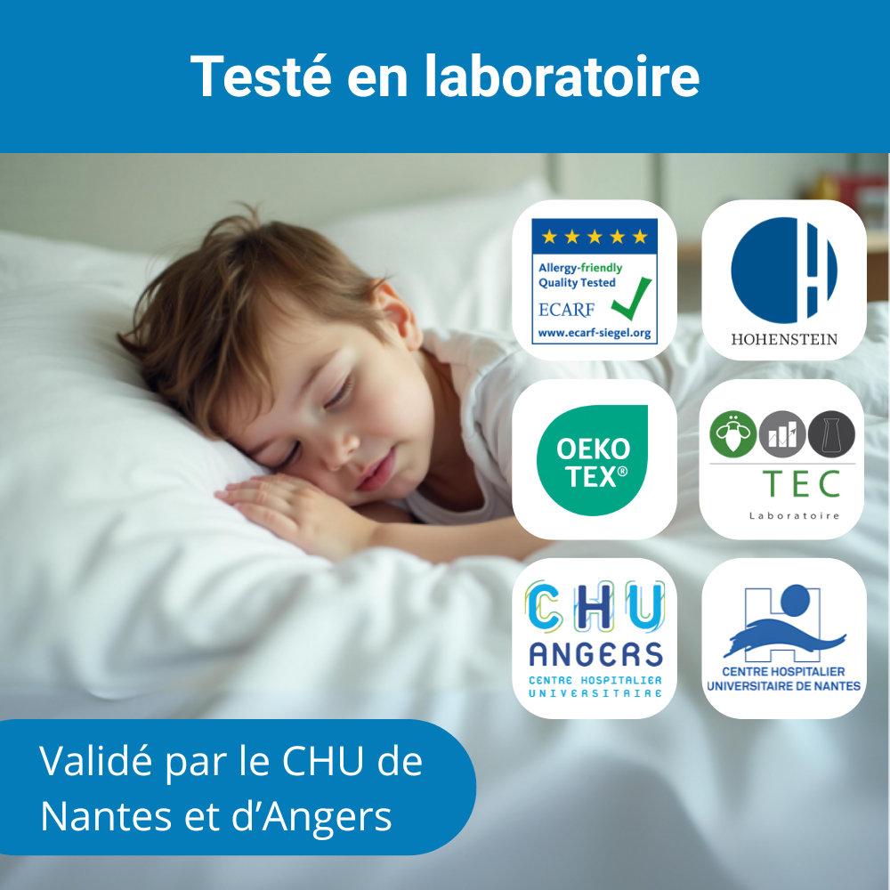 Housse de matelas anti-acariens Acar-Housses® testée en laboratoire, certifiée ECARF et OEKO-TEX®, validée par le CHU de Nantes et le CHU d’Angers