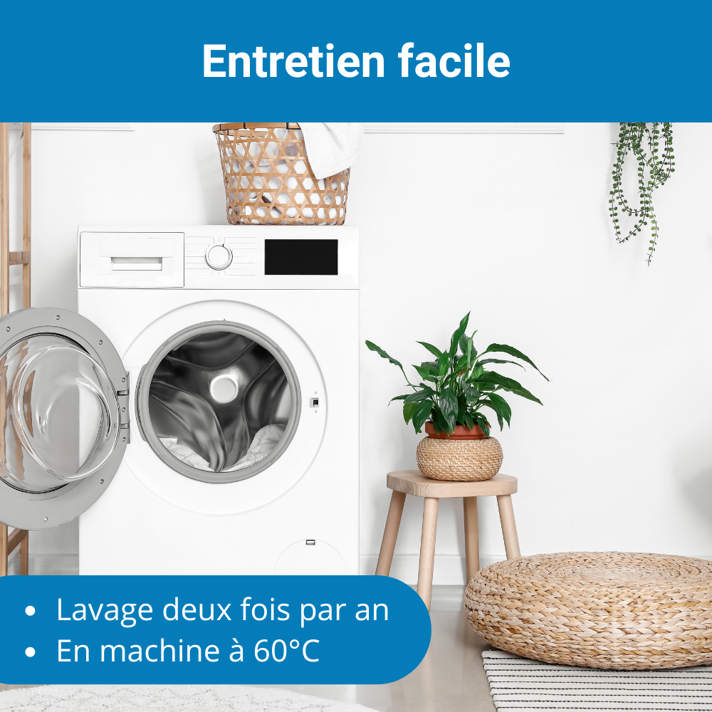 Machine à laver dans une buanderie, illustrant l’entretien facile des housses Acar-Housses® : lavage deux fois par an, en machine à 60°C.