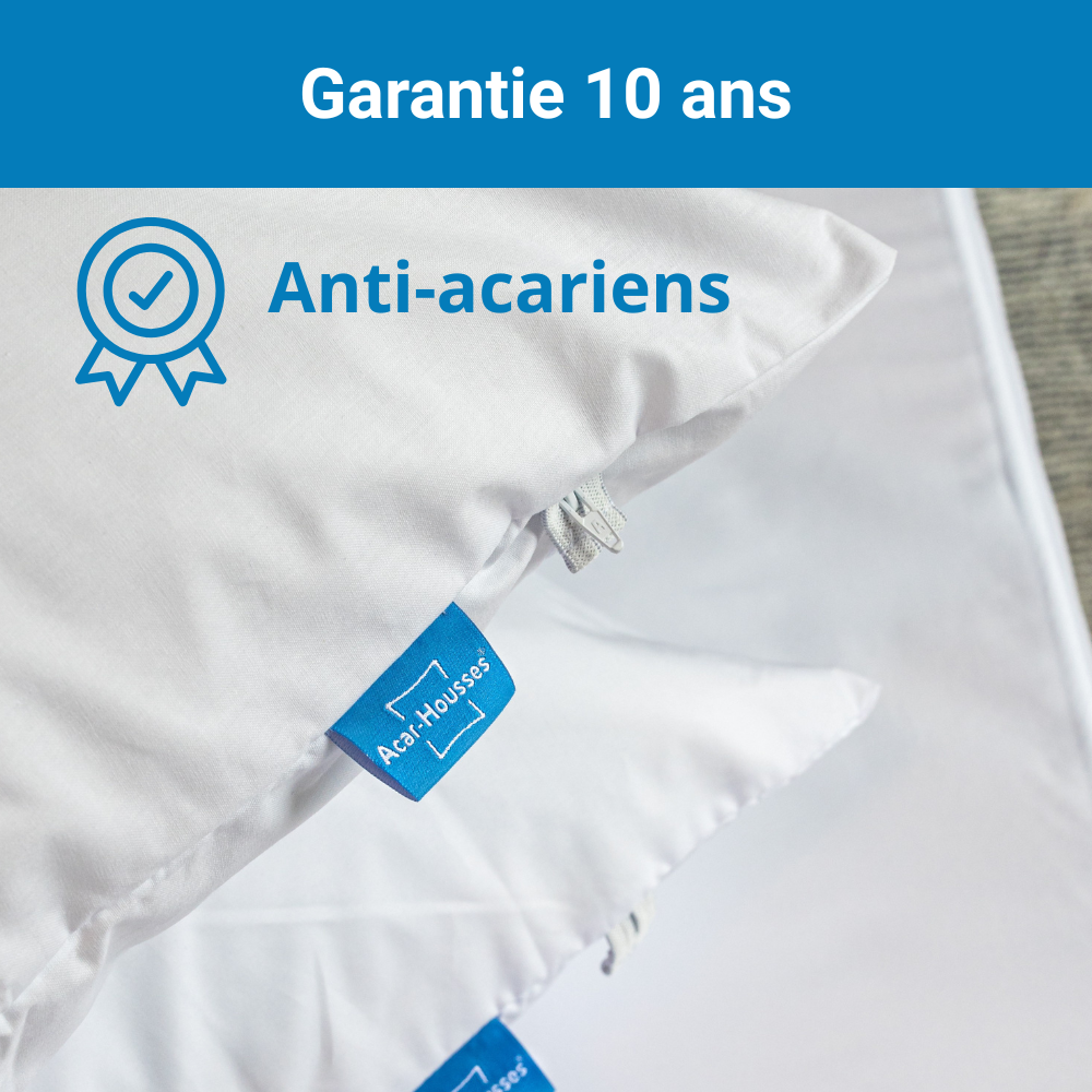 Taies et housse Acar-Housses® anti-acariens avec fermeture sécurisée, présentées avec une garantie de 10 ans.