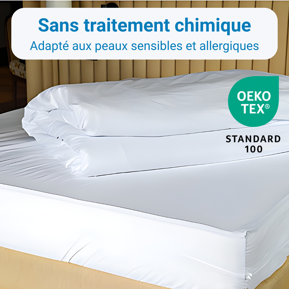 Housse anti-acariens Acar-Housses® sans traitement chimique, adaptée aux peaux sensibles et allergiques, certifiée OEKO-TEX® STANDARD 100.