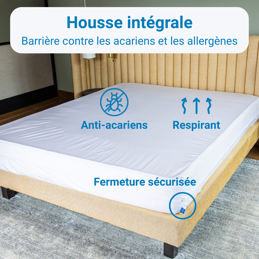 Housse intégrale anti-acariens sur matelas avec fermeture zippée sécurisée, barrière contre les acariens et les allergènes
