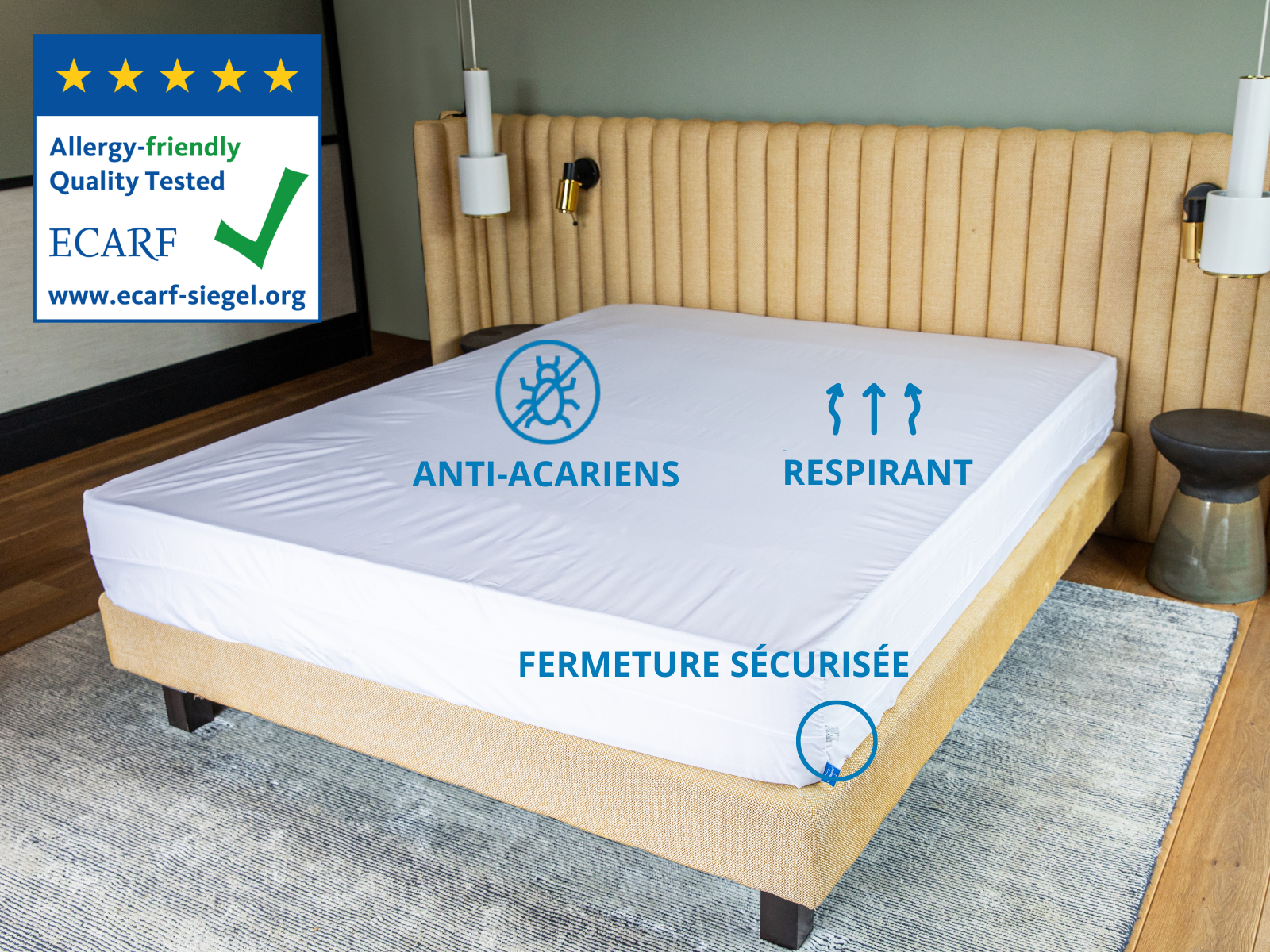 Housse anti acariens intégrale certifiée ECARF et ISO 21326, fermeture sécurisée, respirant, et hermétique aux allergènes et aux acariens.