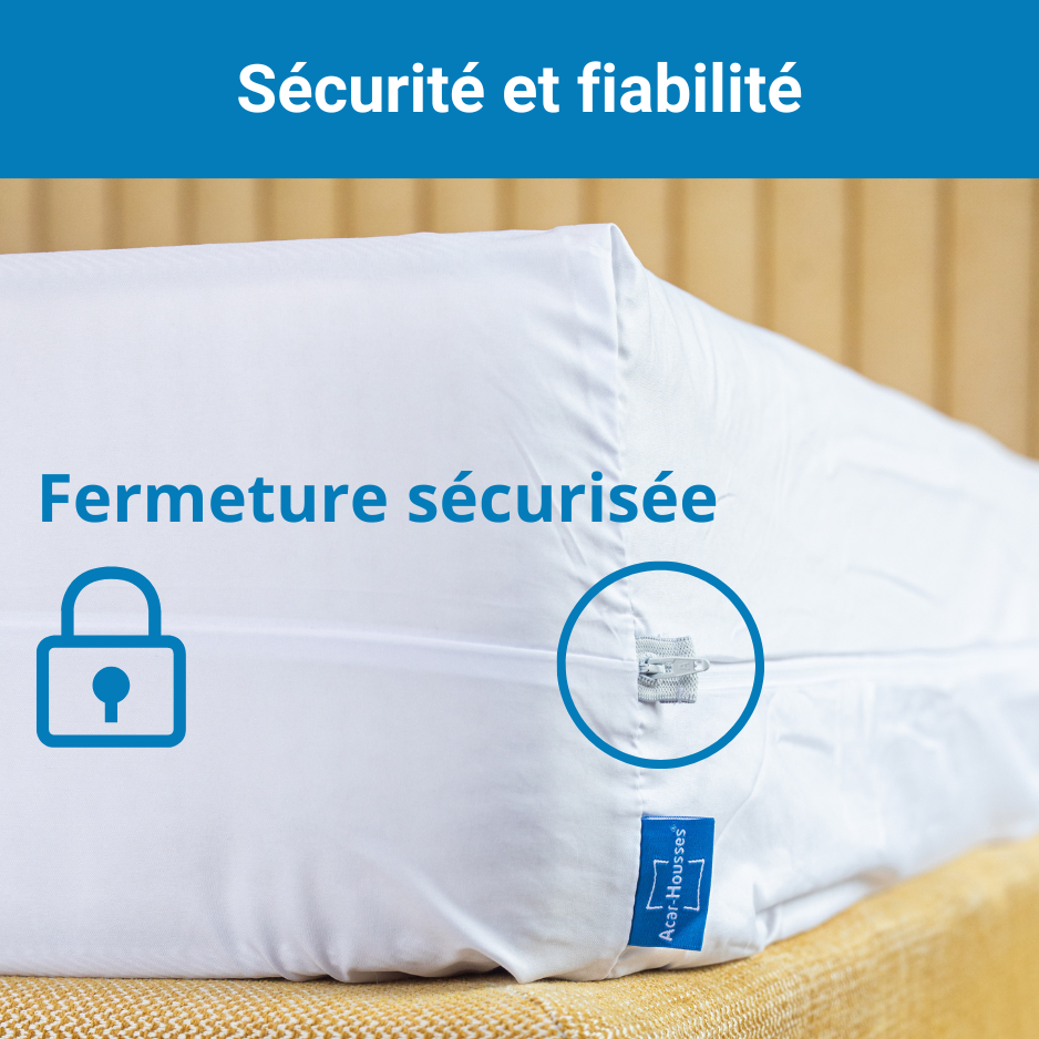 Housse de matelas Acar-Housses® avec fermeture sécurisée, garantissant une protection fiable contre les allergènes et acariens.