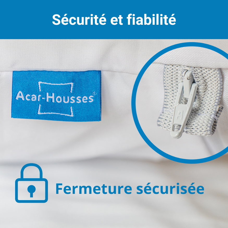 Gros plan sur la fermeture sécurisée d’une housse anti-acariens Acar-Housses®, montrant le zip renforcé et l’étiquette de la marque.