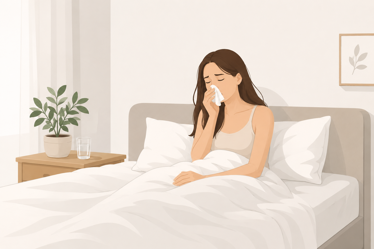 Femme dans son lit se mouchant, illustrant les symptômes d'allergie aux acariens