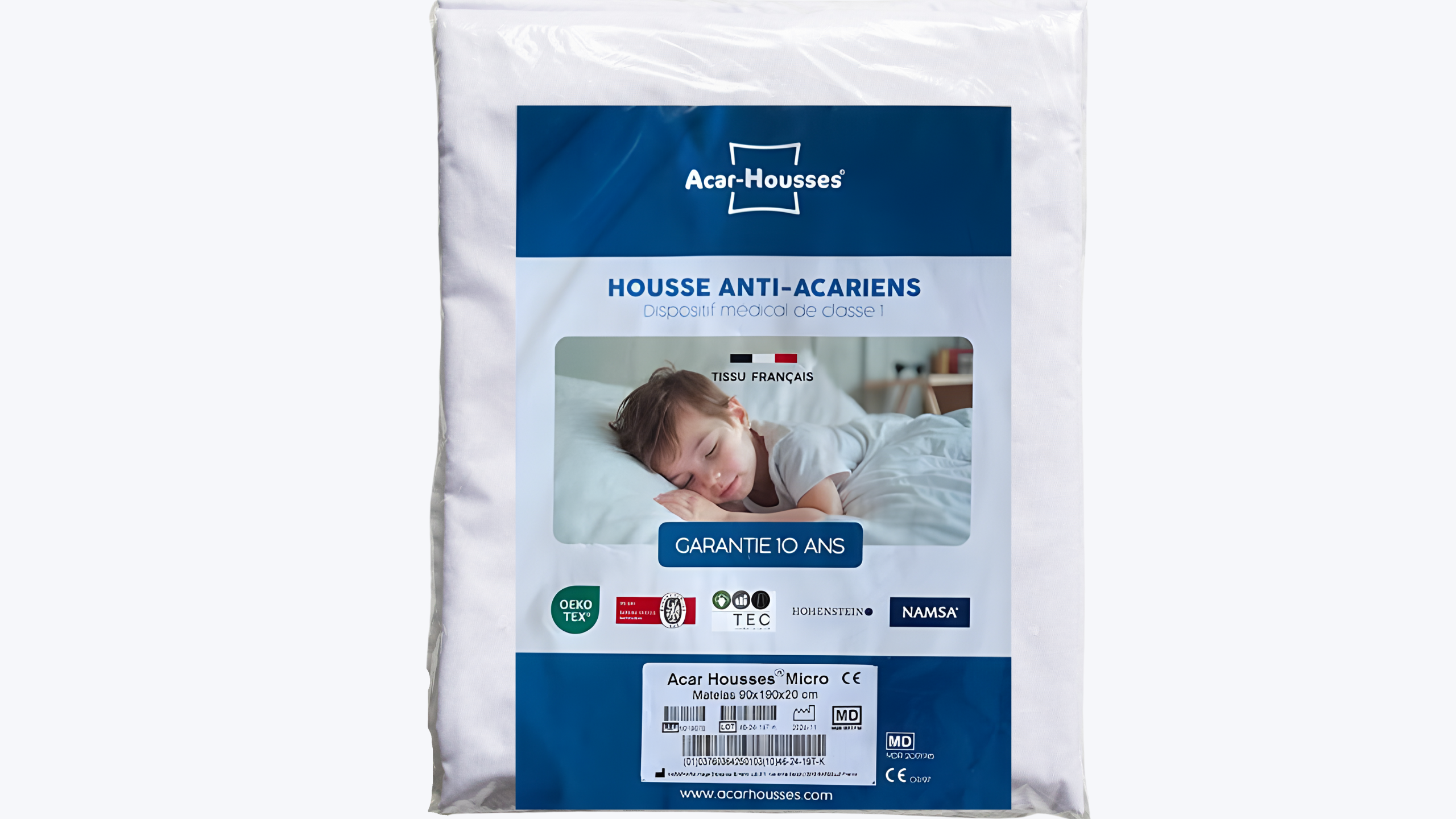Housse anti-acariens Acar-Housses® en emballage, dispositif médical de classe 1, tissu français, certifications OEKO-TEX et TEC, garantie 10 ans.